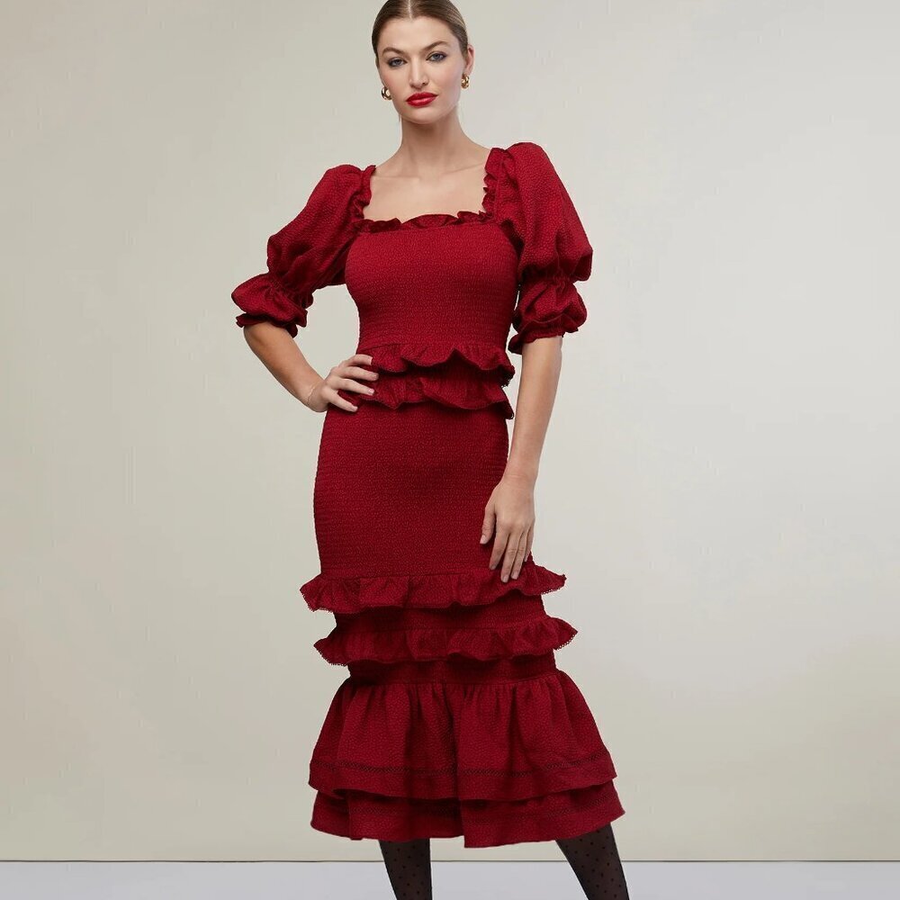 Rachel Parcell Jacquard Smocked Midi Dress Red